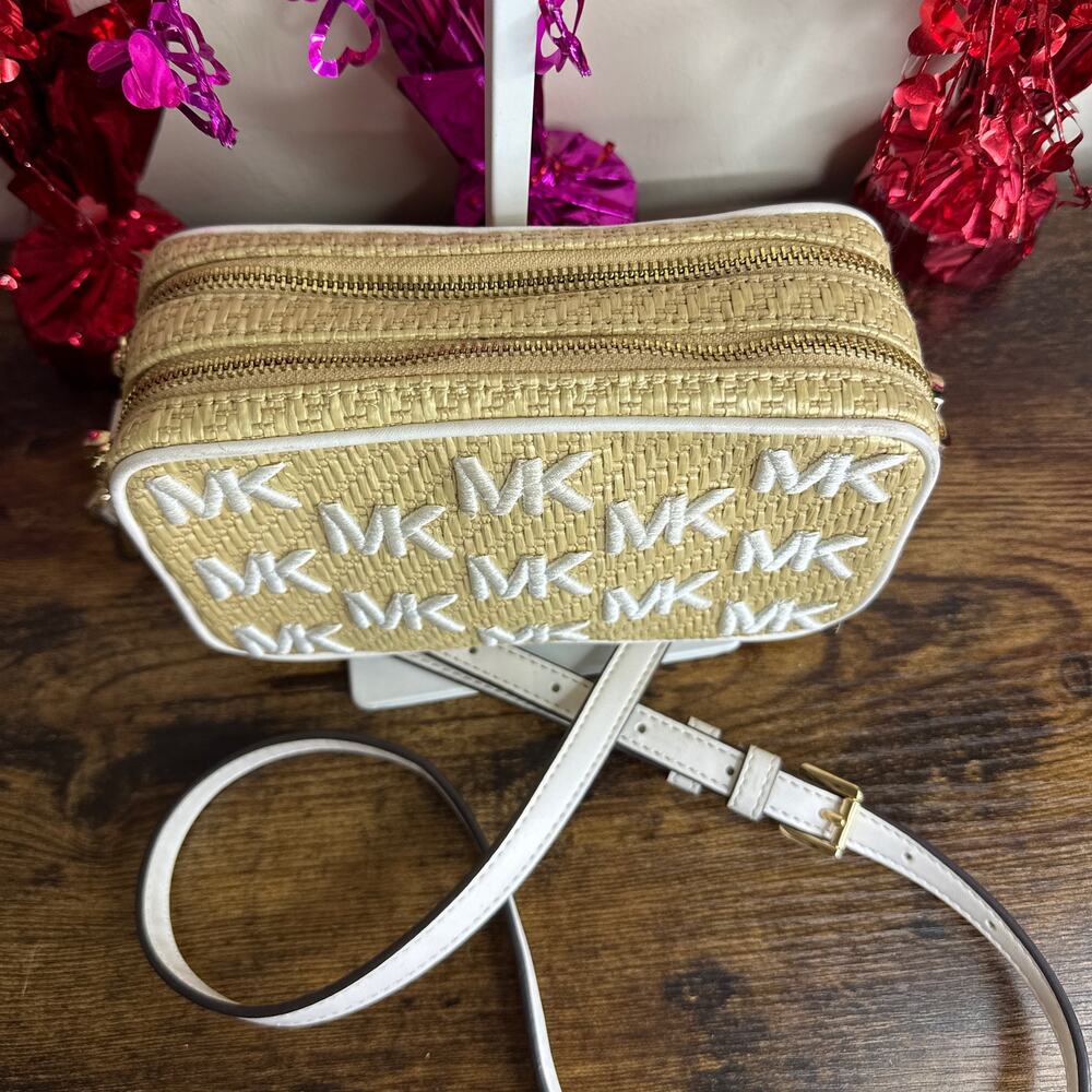 MICHAEL KORS Kenly Double Zip Natural Straw Small Camera Crossbody - Picture 4 of 10